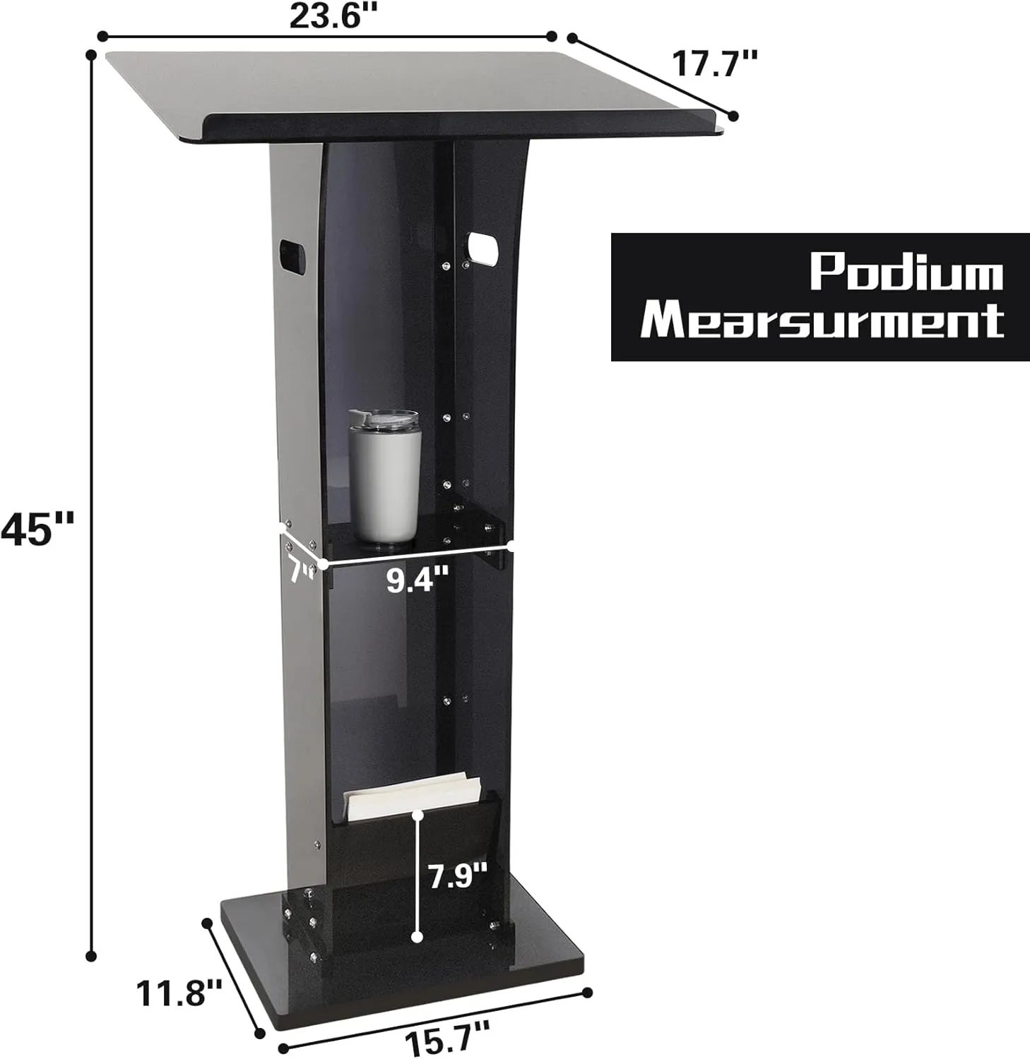 Acrylic Podium Pulpit Stand, 45" Clear Black Podium Stand with Storage Shelf for Classroom, Weddings, Conference, Concert, Professional Presentation Podiums