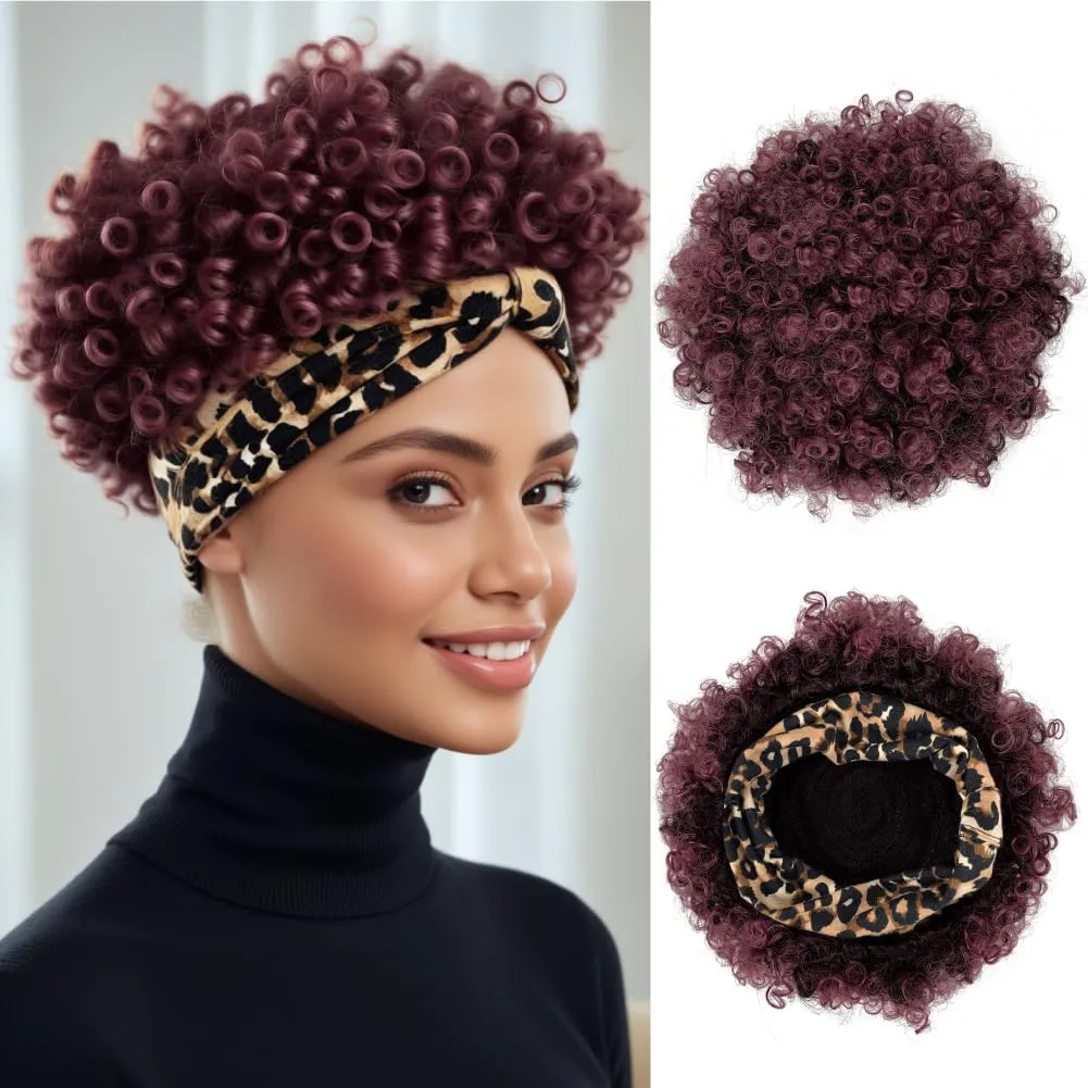 Afro Headband Wig Short Afro Kinky Curly Wigs for Black Women Glueless Afro Wigs with headbands attached Synthetic with 2 Clips(TBUG)