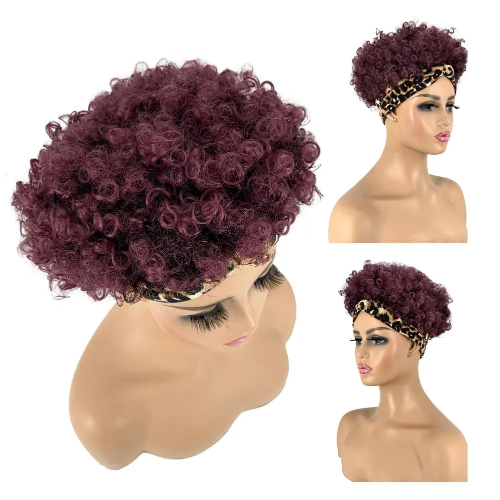 Afro Headband Wig Short Afro Kinky Curly Wigs for Black Women Glueless Afro Wigs with headbands attached Synthetic with 2 Clips(TBUG)