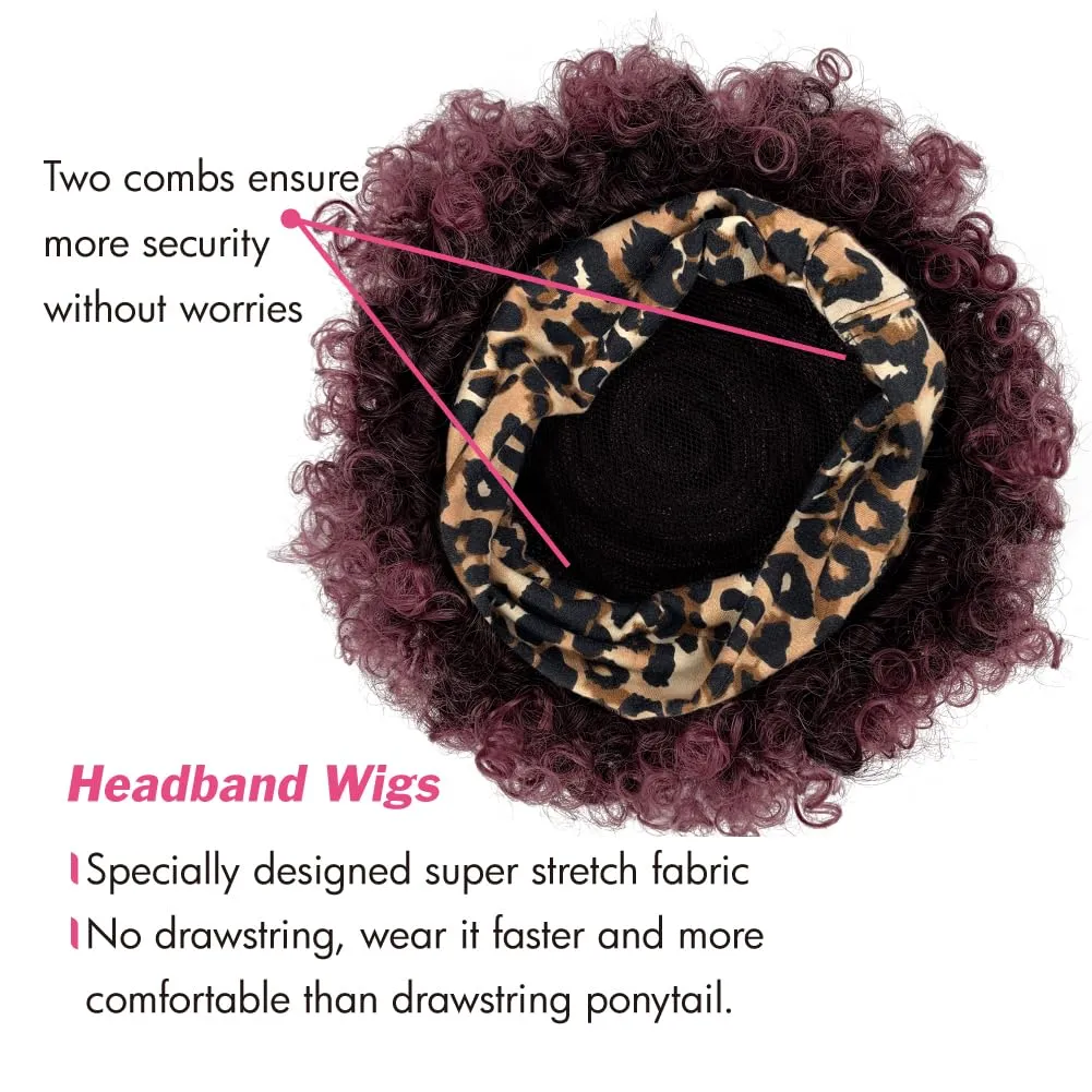Afro Headband Wig Short Afro Kinky Curly Wigs for Black Women Glueless Afro Wigs with headbands attached Synthetic with 2 Clips(TBUG)