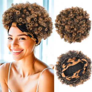 Afro Headband Wig - Short Kinky Curly Wigs for Black Women - Glueless Black Afro Wigs with Headbands Attached - Synthetic with 2 Clips T1B-30