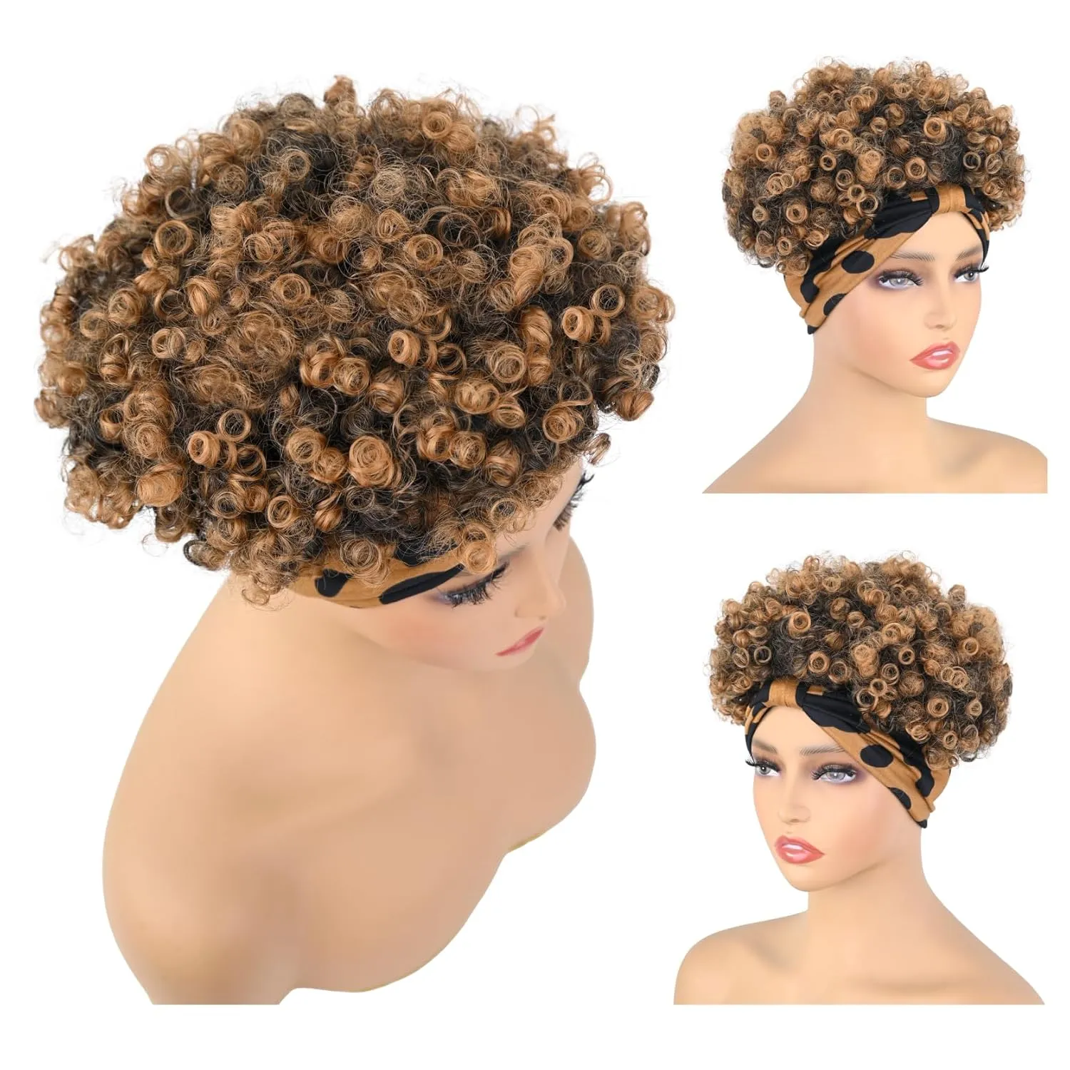 Afro Headband Wig - Short Kinky Curly Wigs for Black Women - Glueless Black Afro Wigs with Headbands Attached - Synthetic with 2 Clips T1B-30
