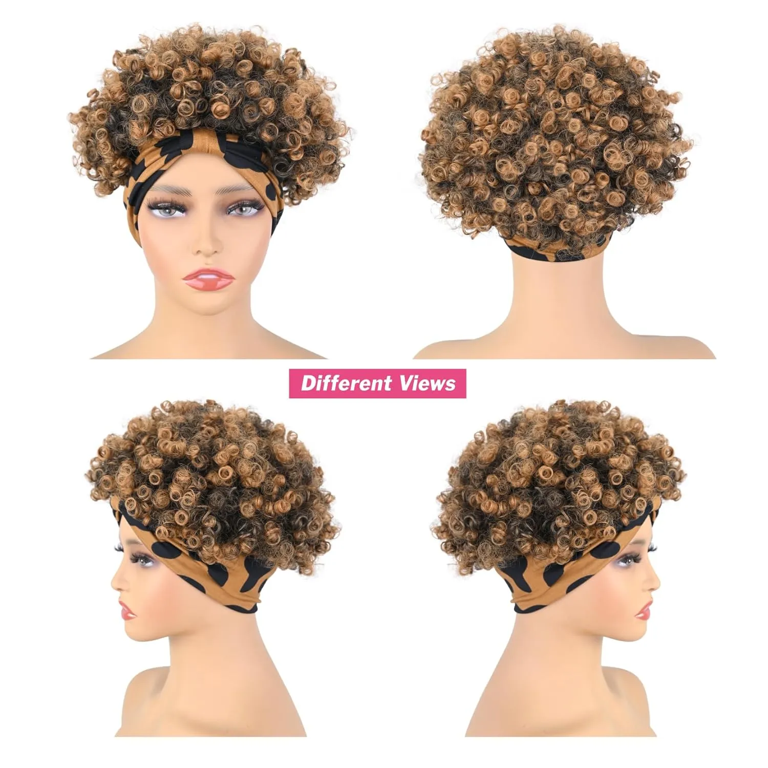 Afro Headband Wig - Short Kinky Curly Wigs for Black Women - Glueless Black Afro Wigs with Headbands Attached - Synthetic with 2 Clips T1B-30