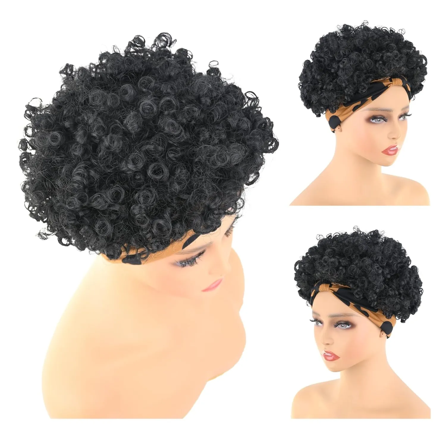 Afro Headband Wig Short Kinky Curly Wigs for Black Women Glueless Black Afro Wigs with Headbands Attached Synthetic with 2 Clips