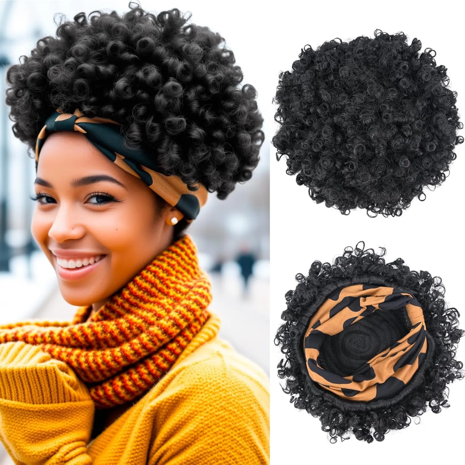 Afro Headband Wig Short Kinky Curly Wigs for Black Women Glueless Black Afro Wigs with Headbands Attached Synthetic with 2 Clips