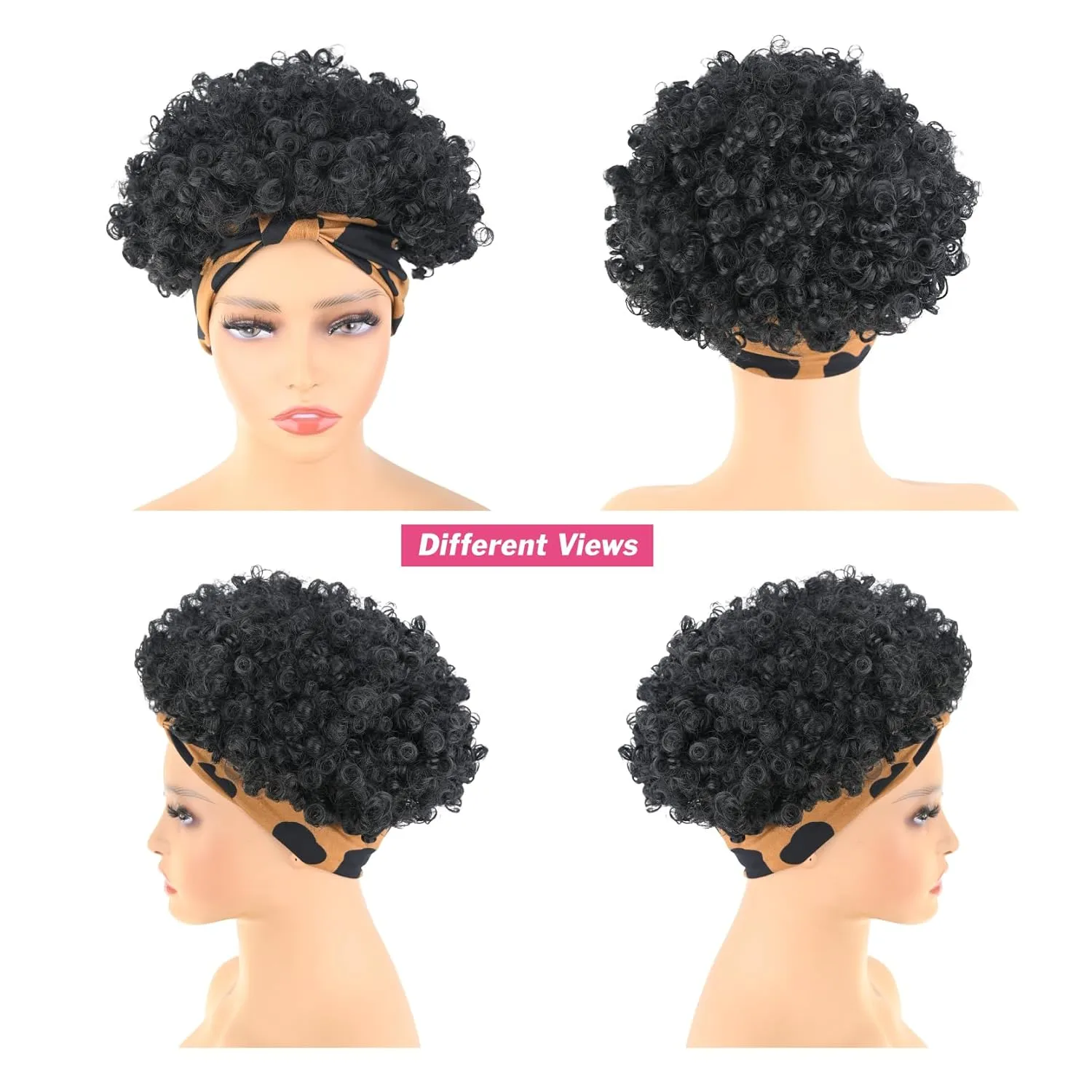 Afro Headband Wig Short Kinky Curly Wigs for Black Women Glueless Black Afro Wigs with Headbands Attached Synthetic with 2 Clips