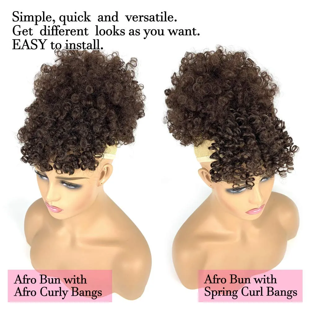 Afro Puff Drawstring Ponytail Extensions with 2 Bangs Pineapple Hair for Black Women Synthetic Short Kinky Curly Ponytail Bun with Big Bangs Hairpiece Pony Tail(4# Brown)