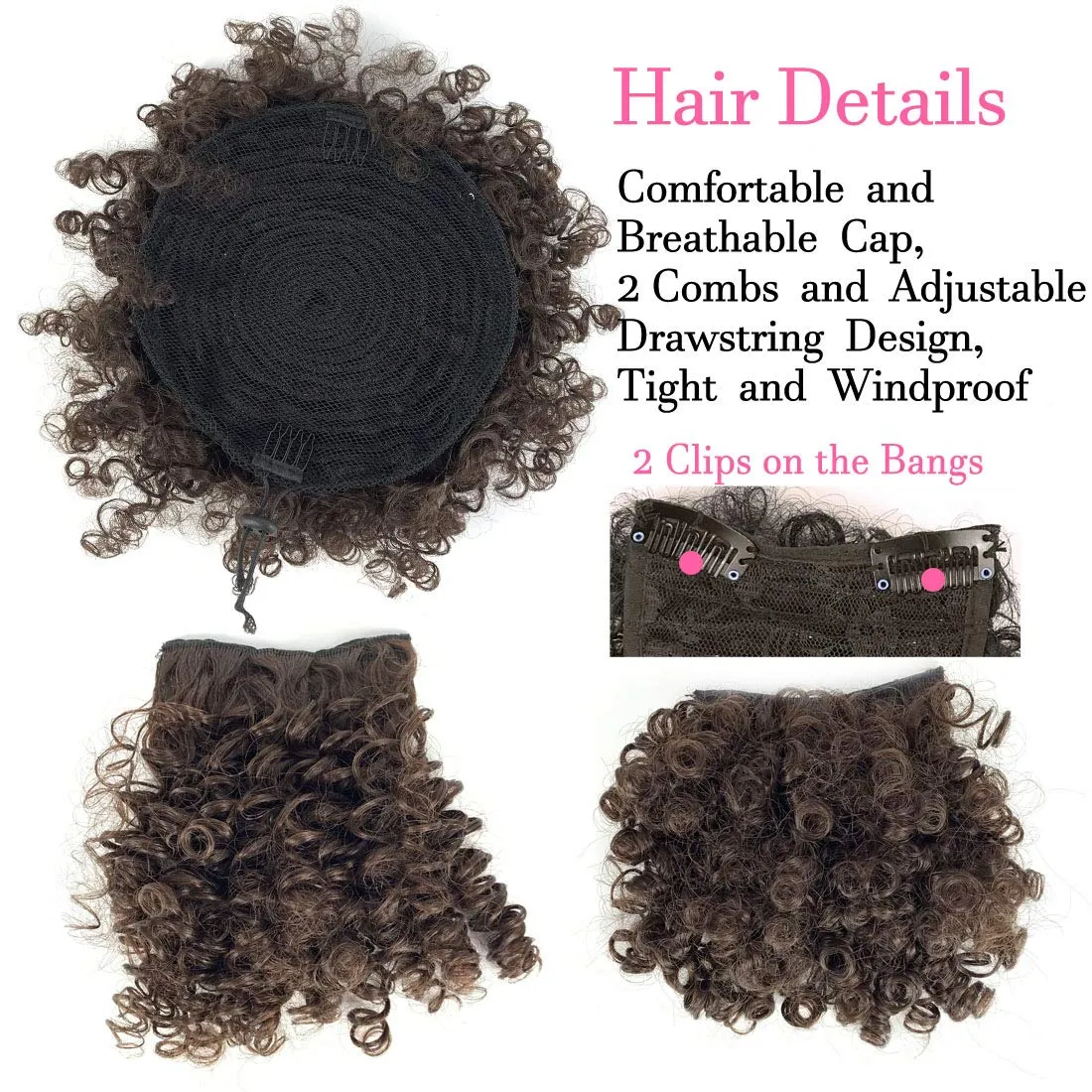 Afro Puff Drawstring Ponytail Extensions with 2 Bangs Pineapple Hair for Black Women Synthetic Short Kinky Curly Ponytail Bun with Big Bangs Hairpiece Pony Tail(4# Brown)