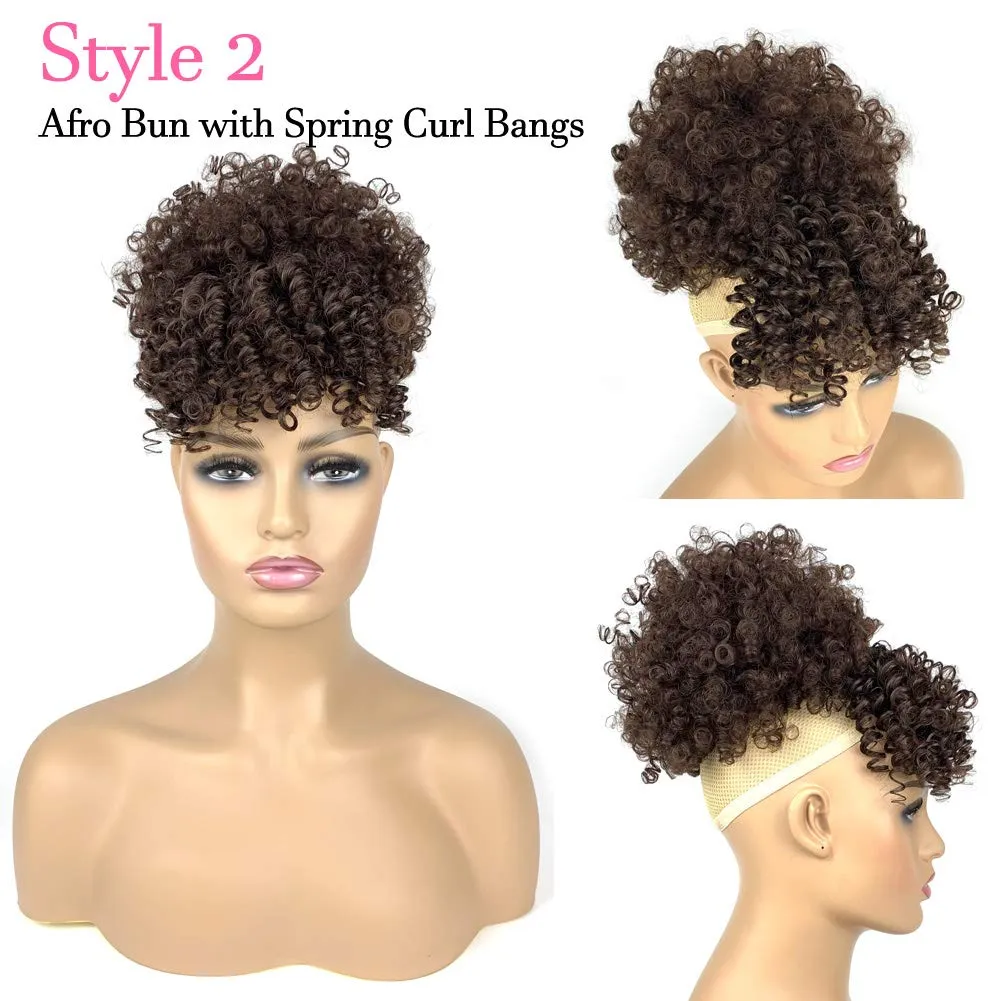 Afro Puff Drawstring Ponytail Extensions with 2 Bangs Pineapple Hair for Black Women Synthetic Short Kinky Curly Ponytail Bun with Big Bangs Hairpiece Pony Tail(4# Brown)