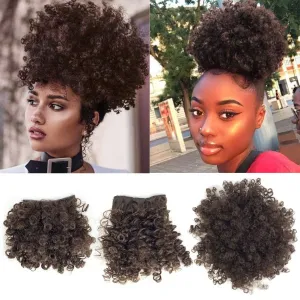 Afro Puff Drawstring Ponytail Extensions with 2 Bangs Pineapple Hair for Black Women Synthetic Short Kinky Curly Ponytail Bun with Big Bangs Hairpiece Pony Tail(4# Brown)
