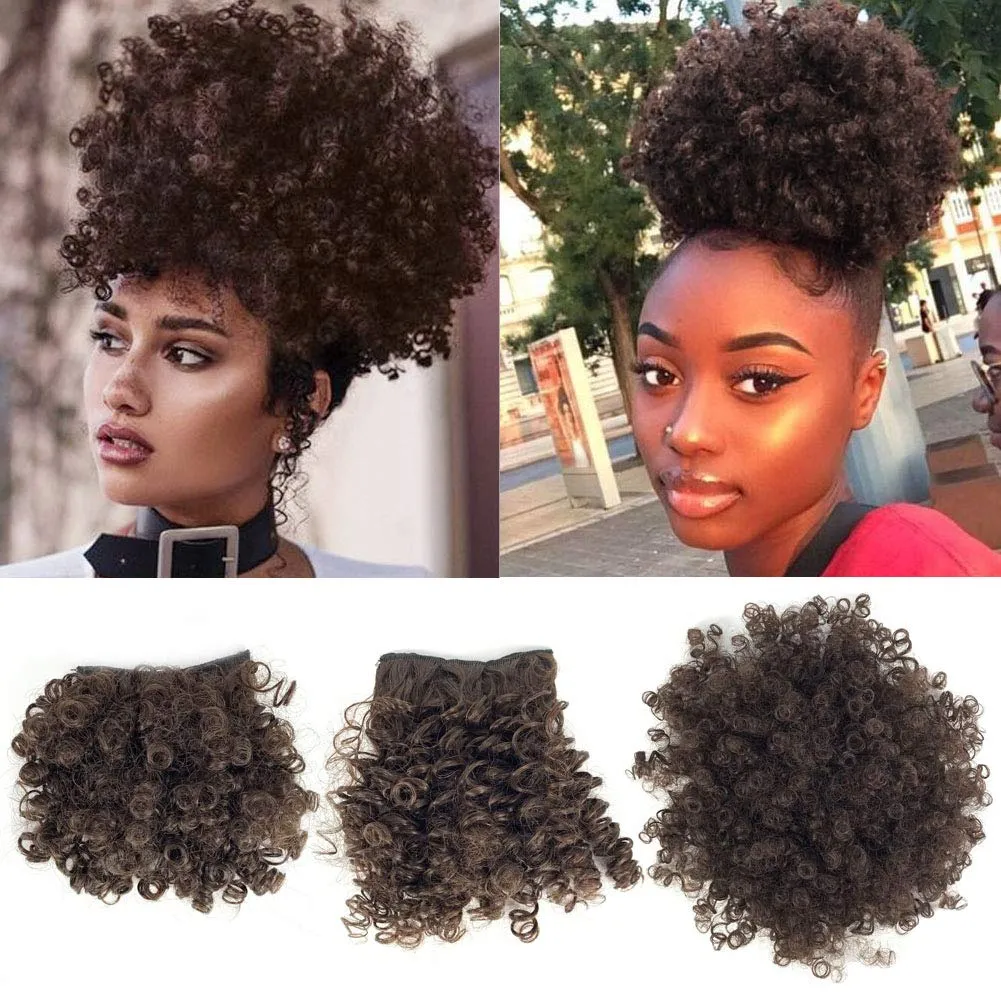 Afro Puff Drawstring Ponytail Extensions with 2 Bangs Pineapple Hair for Black Women Synthetic Short Kinky Curly Ponytail Bun with Big Bangs Hairpiece Pony Tail(4# Brown)