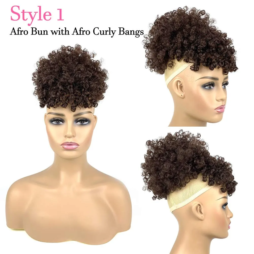 Afro Puff Drawstring Ponytail Extensions with 2 Bangs Pineapple Hair for Black Women Synthetic Short Kinky Curly Ponytail Bun with Big Bangs Hairpiece Pony Tail(4# Brown)