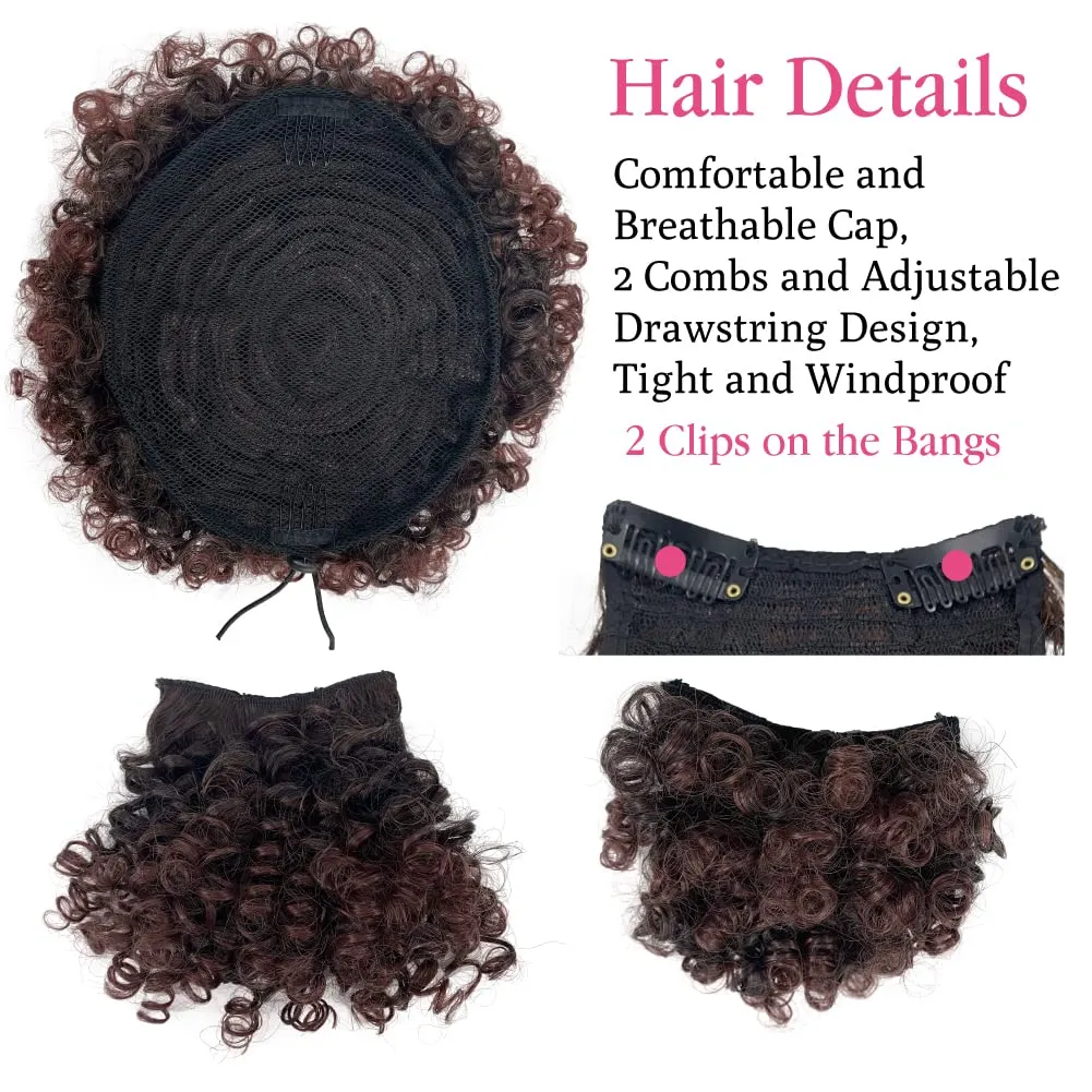 Afro Puff Drawstring Ponytail Extensions with Kinky Curly Hair Clip in 2 Bangs Short Ponytail Hair Extensions Updo Hairpieces for Black Women(1B/33#)