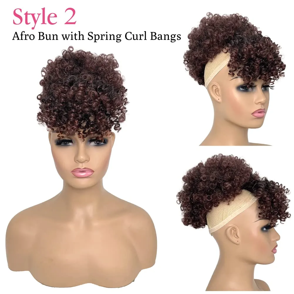 Afro Puff Drawstring Ponytail Extensions with Kinky Curly Hair Clip in 2 Bangs Short Ponytail Hair Extensions Updo Hairpieces for Black Women(1B/33#)