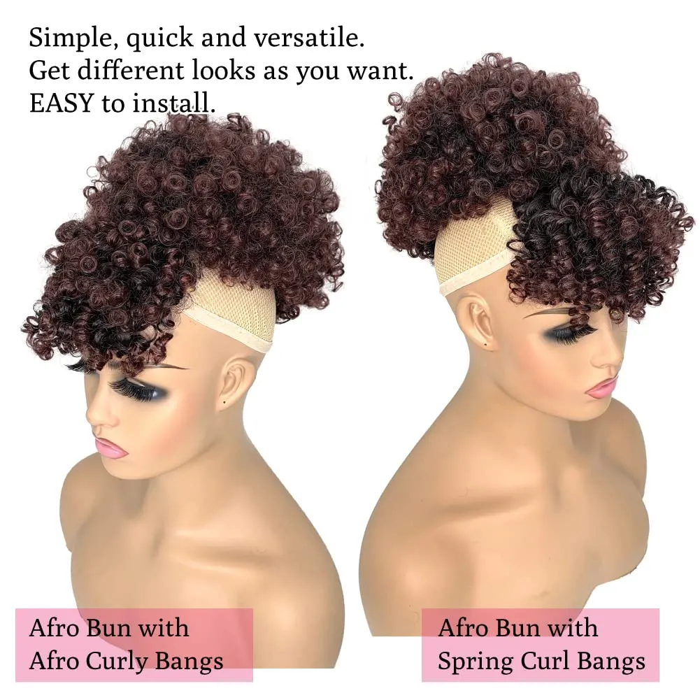 Afro Puff Drawstring Ponytail Extensions with Kinky Curly Hair Clip in 2 Bangs Short Ponytail Hair Extensions Updo Hairpieces for Black Women(1B/33#)