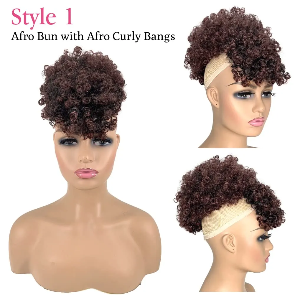 Afro Puff Drawstring Ponytail Extensions with Kinky Curly Hair Clip in 2 Bangs Short Ponytail Hair Extensions Updo Hairpieces for Black Women(1B/33#)