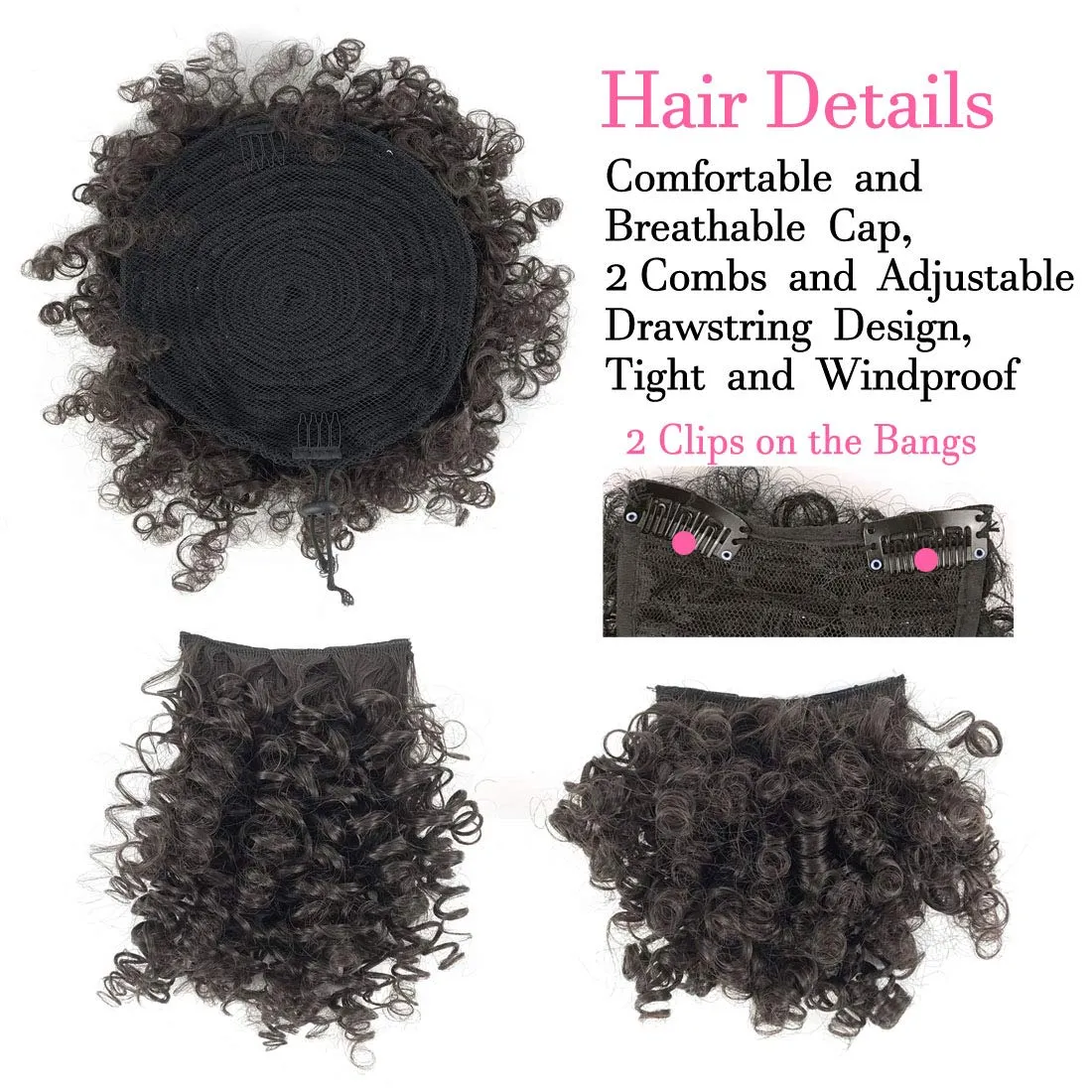 Afro Puff Drawstring Ponytail with 2 Bangs Afro High Puff Bun with Spring Curl Bangs and Afro Puff Bangs Clip in Hairpieces Pineapple Updo Ponytail with Bangs(2#Natural Black