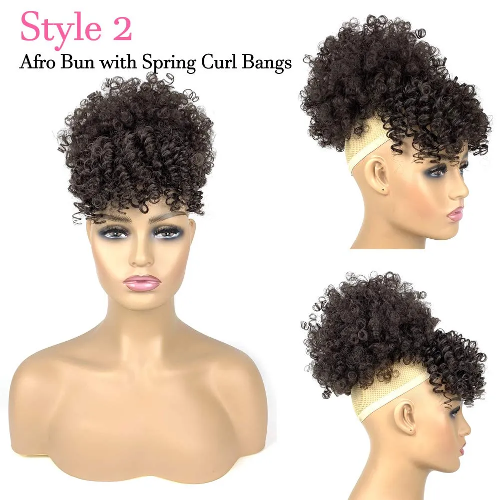 Afro Puff Drawstring Ponytail with 2 Bangs Afro High Puff Bun with Spring Curl Bangs and Afro Puff Bangs Clip in Hairpieces Pineapple Updo Ponytail with Bangs(2#Natural Black