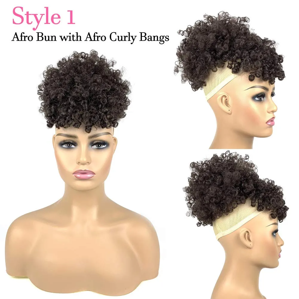 Afro Puff Drawstring Ponytail with 2 Bangs Afro High Puff Bun with Spring Curl Bangs and Afro Puff Bangs Clip in Hairpieces Pineapple Updo Ponytail with Bangs(2#Natural Black