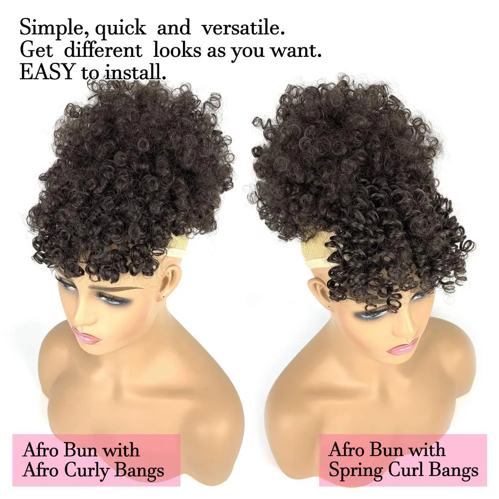 Afro Puff Drawstring Ponytail with 2 Bangs Afro High Puff Bun with Spring Curl Bangs and Afro Puff Bangs Clip in Hairpieces Pineapple Updo Ponytail with Bangs(2#Natural Black