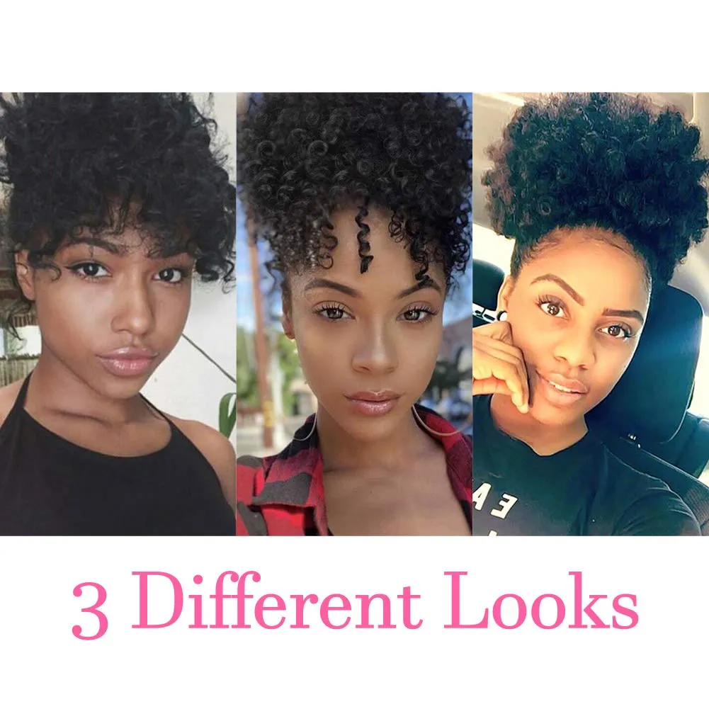 Afro Puff Drawstring Ponytail with 2 Bangs Afro High Puff Bun with Spring Curl Bangs and Afro Puff Bangs Clip in Hairpieces Pineapple Updo Ponytail with Bangs(2#Natural Black