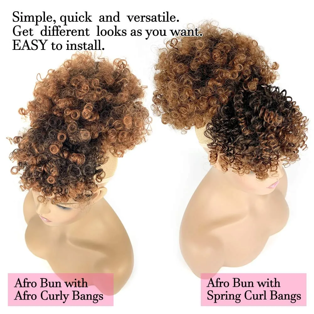 Afro Puff Drawstring Ponytail with 2 Bangs Afro High Puff Bun with Spring Curl Bangs and Afro Puff Bangs Clip in Hairpieces Pineapple Updo Ponytail with Bangs(T1B/30)