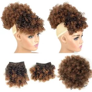 Afro Puff Drawstring Ponytail with 2 Bangs Afro High Puff Bun with Spring Curl Bangs and Afro Puff Bangs Clip in Hairpieces Pineapple Updo Ponytail with Bangs(T1B/30)