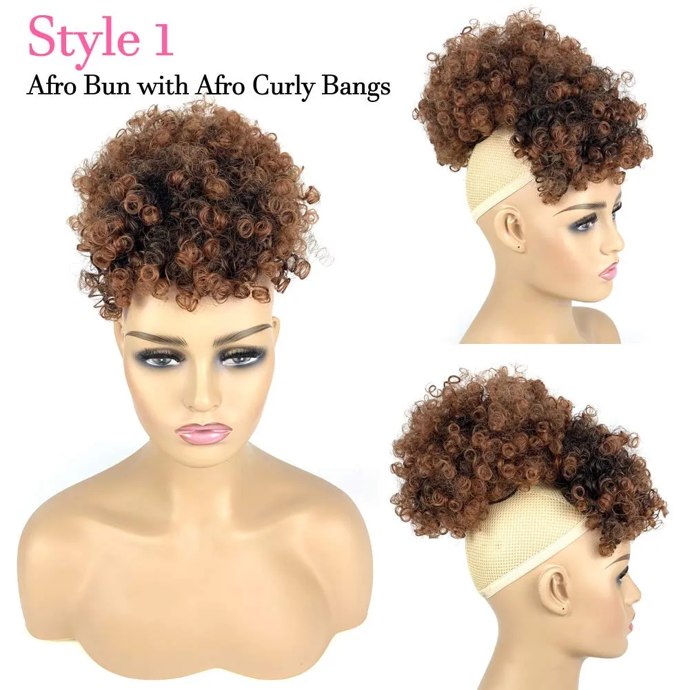 Afro Puff Drawstring Ponytail with 2 Bangs Afro High Puff Bun with Spring Curl Bangs and Afro Puff Bangs Clip in Hairpieces Pineapple Updo Ponytail with Bangs(T1B/30)
