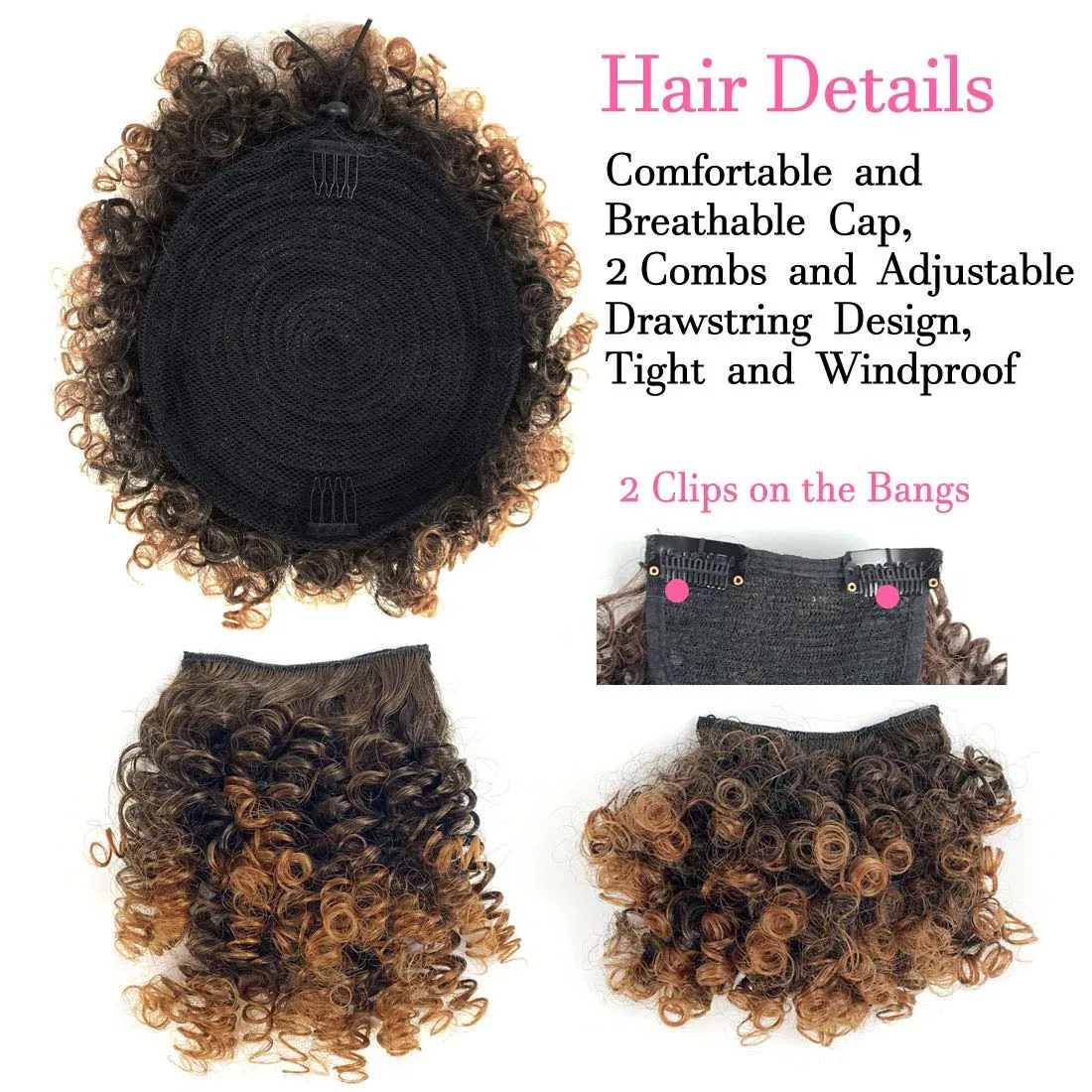 Afro Puff Drawstring Ponytail with 2 Bangs Afro High Puff Bun with Spring Curl Bangs and Afro Puff Bangs Clip in Hairpieces Pineapple Updo Ponytail with Bangs(T1B/30)
