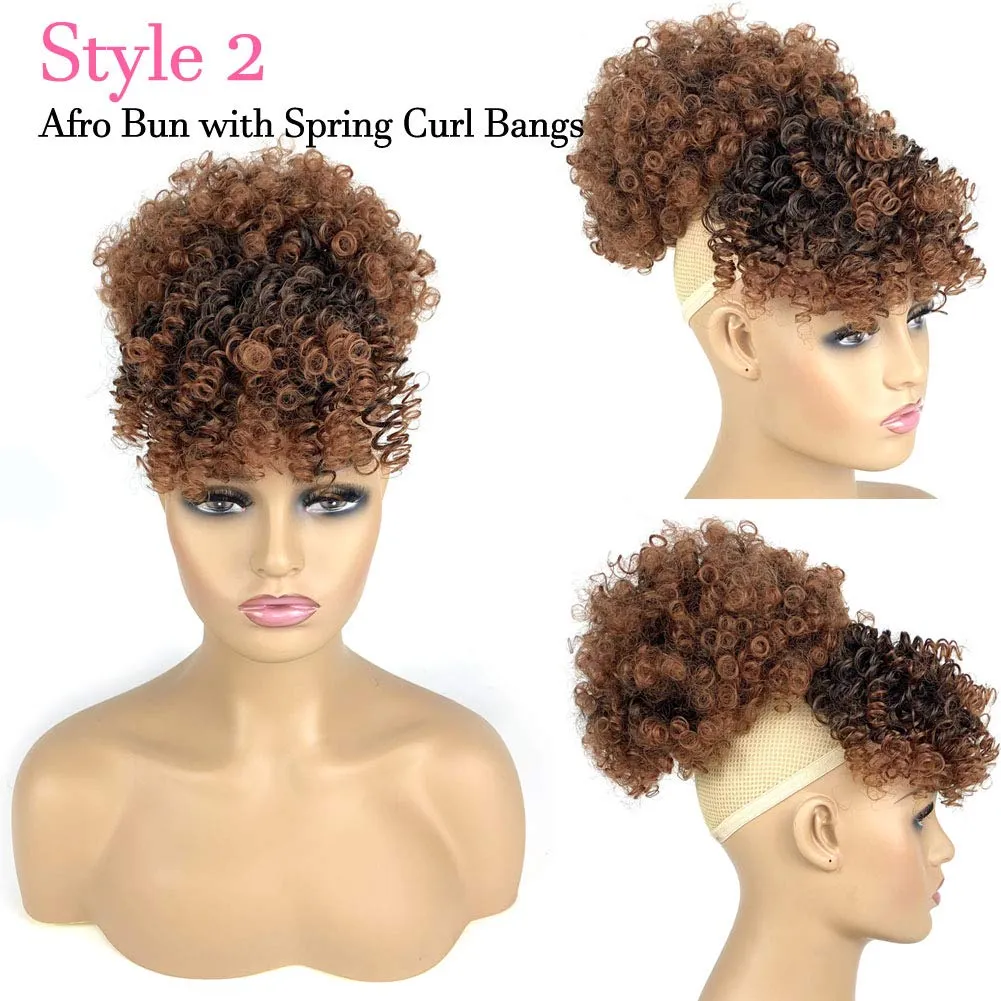 Afro Puff Drawstring Ponytail with 2 Bangs Afro High Puff Bun with Spring Curl Bangs and Afro Puff Bangs Clip in Hairpieces Pineapple Updo Ponytail with Bangs(T1B/30)