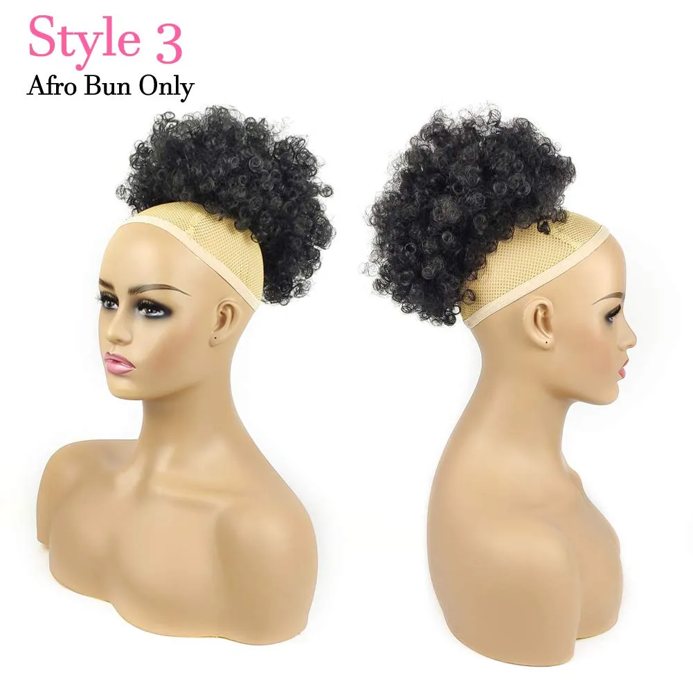 Afro Puff Drawstring Ponytail with Bangs Pineapple Updo Hair for Black Women,Short Kinky Curly Ponytail Bun with 2 Replaceable Bangs(#1B-Black)