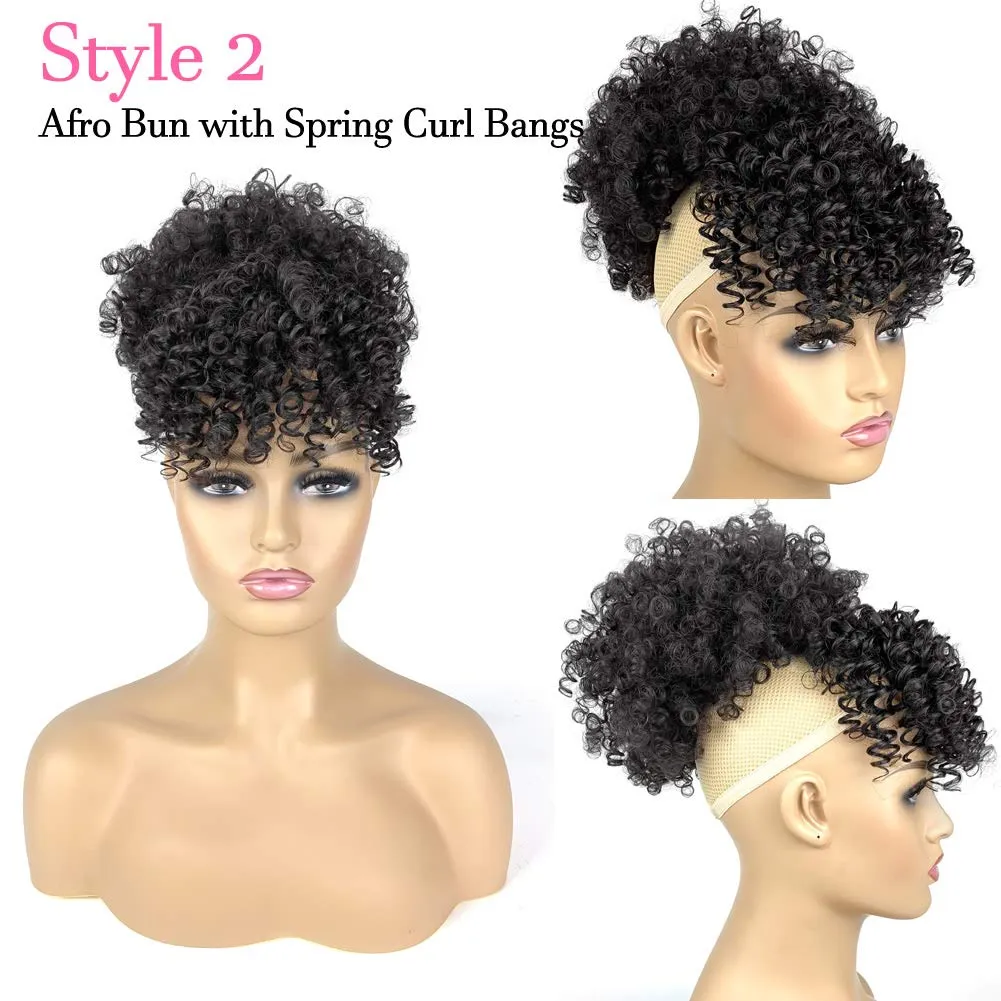 Afro Puff Drawstring Ponytail with Bangs Pineapple Updo Hair for Black Women,Short Kinky Curly Ponytail Bun with 2 Replaceable Bangs(#1B-Black)
