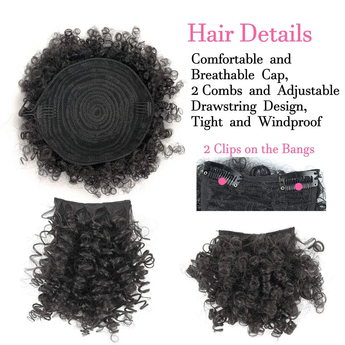 Afro Puff Drawstring Ponytail with Bangs Pineapple Updo Hair for Black Women,Short Kinky Curly Ponytail Bun with 2 Replaceable Bangs(#1B-Black)