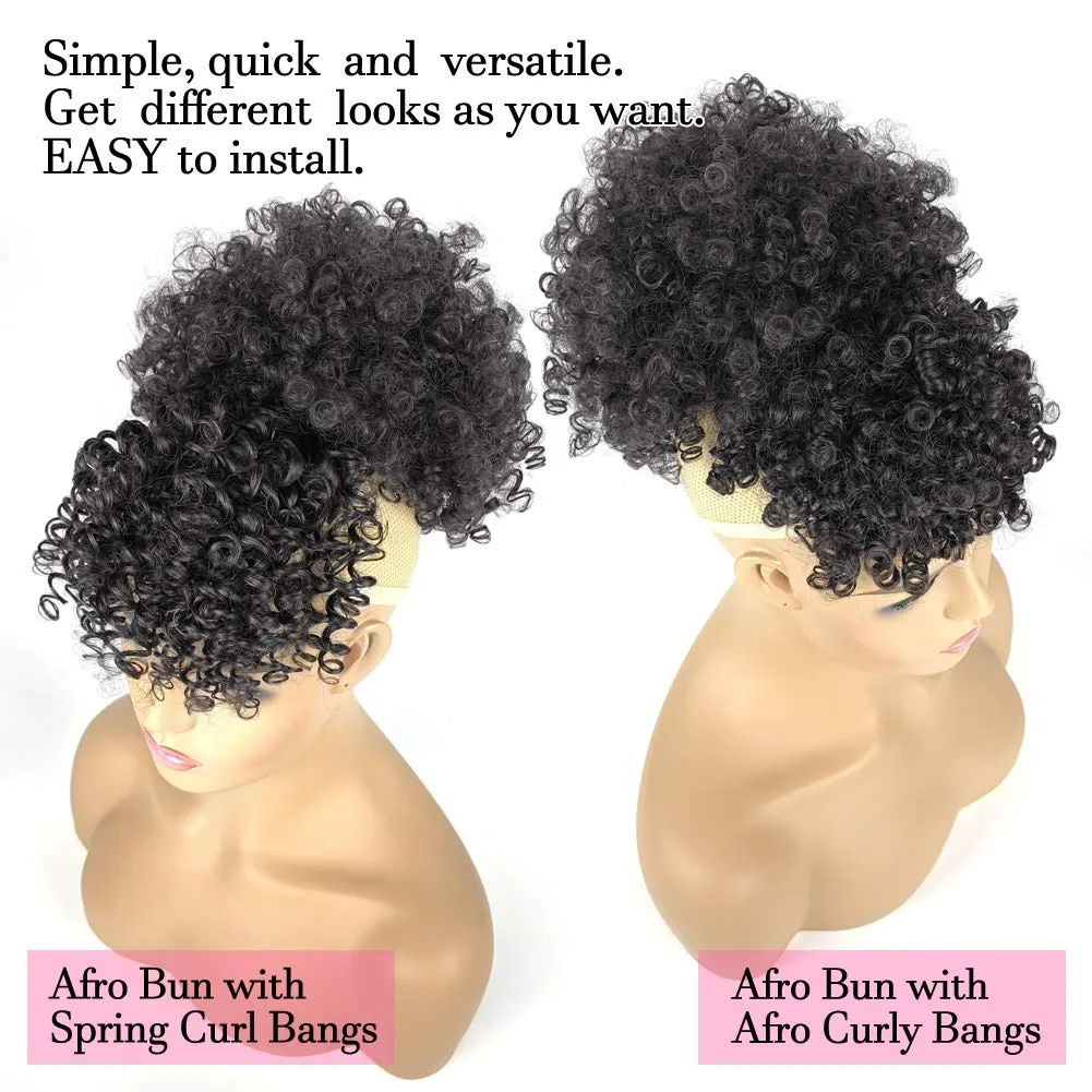 Afro Puff Drawstring Ponytail with Bangs Pineapple Updo Hair for Black Women,Short Kinky Curly Ponytail Bun with 2 Replaceable Bangs(#1B-Black)