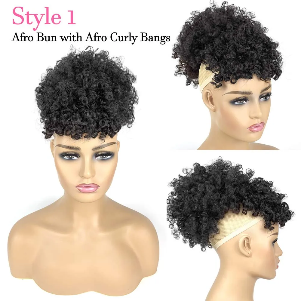 Afro Puff Drawstring Ponytail with Bangs Pineapple Updo Hair for Black Women,Short Kinky Curly Ponytail Bun with 2 Replaceable Bangs(#1B-Black)