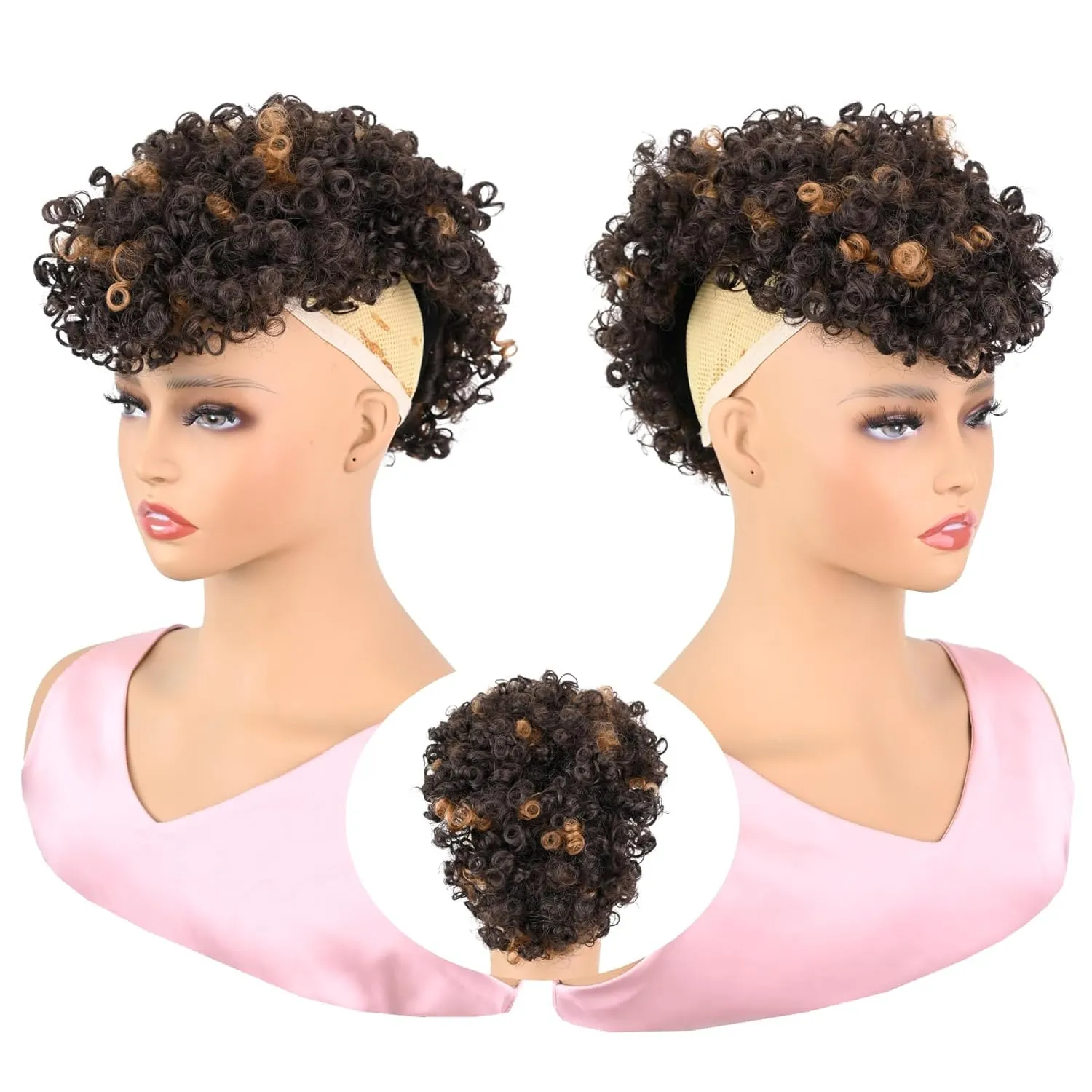 Afro Puff Mohawk Ponytail Dark Brown with Highlights Jerry Curly Non Drawstring Ponytail Clip in Synthetic Fauxhawks Afro Puff Bun with Bangs Afro Kinky Curly Hairpiece with 6 Clips (4H30)