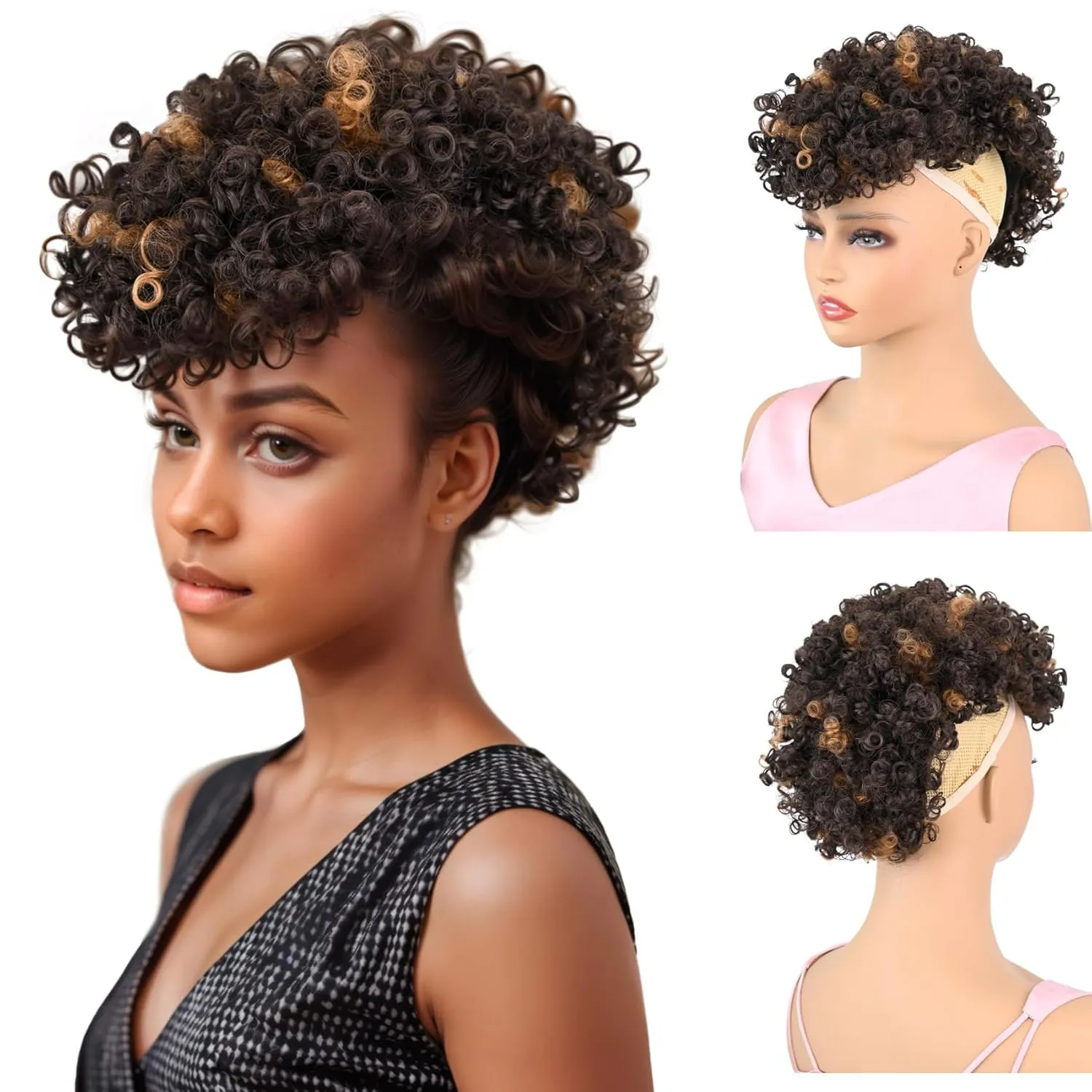 Afro Puff Mohawk Ponytail Dark Brown with Highlights Jerry Curly Non Drawstring Ponytail Clip in Synthetic Fauxhawks Afro Puff Bun with Bangs Afro Kinky Curly Hairpiece with 6 Clips (4H30)