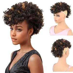 Afro Puff Mohawk Ponytail Dark Brown with Highlights Jerry Curly Non Drawstring Ponytail Clip in Synthetic Fauxhawks Afro Puff Bun with Bangs Afro Kinky Curly Hairpiece with 6 Clips (4H30)