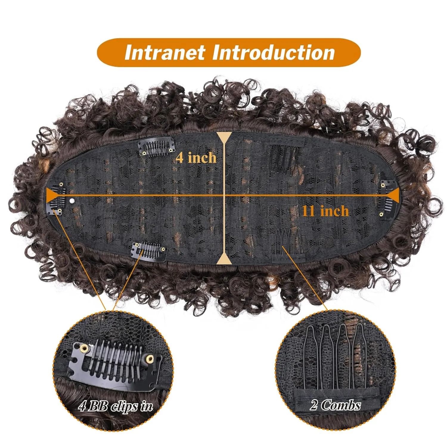 Afro Puff Mohawk Ponytail Dark Brown with Highlights Jerry Curly Non Drawstring Ponytail Clip in Synthetic Fauxhawks Afro Puff Bun with Bangs Afro Kinky Curly Hairpiece with 6 Clips (4H30)
