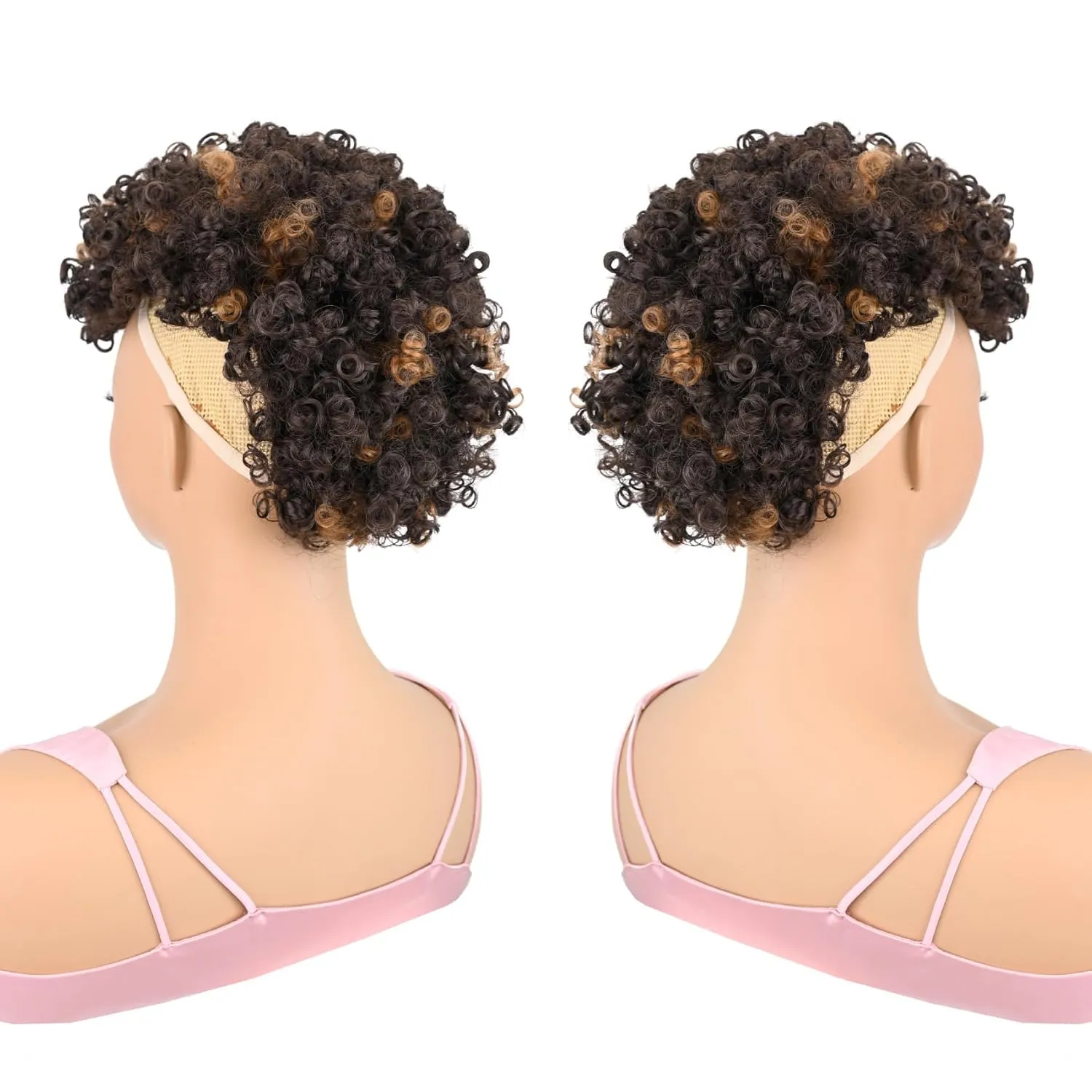 Afro Puff Mohawk Ponytail Dark Brown with Highlights Jerry Curly Non Drawstring Ponytail Clip in Synthetic Fauxhawks Afro Puff Bun with Bangs Afro Kinky Curly Hairpiece with 6 Clips (4H30)
