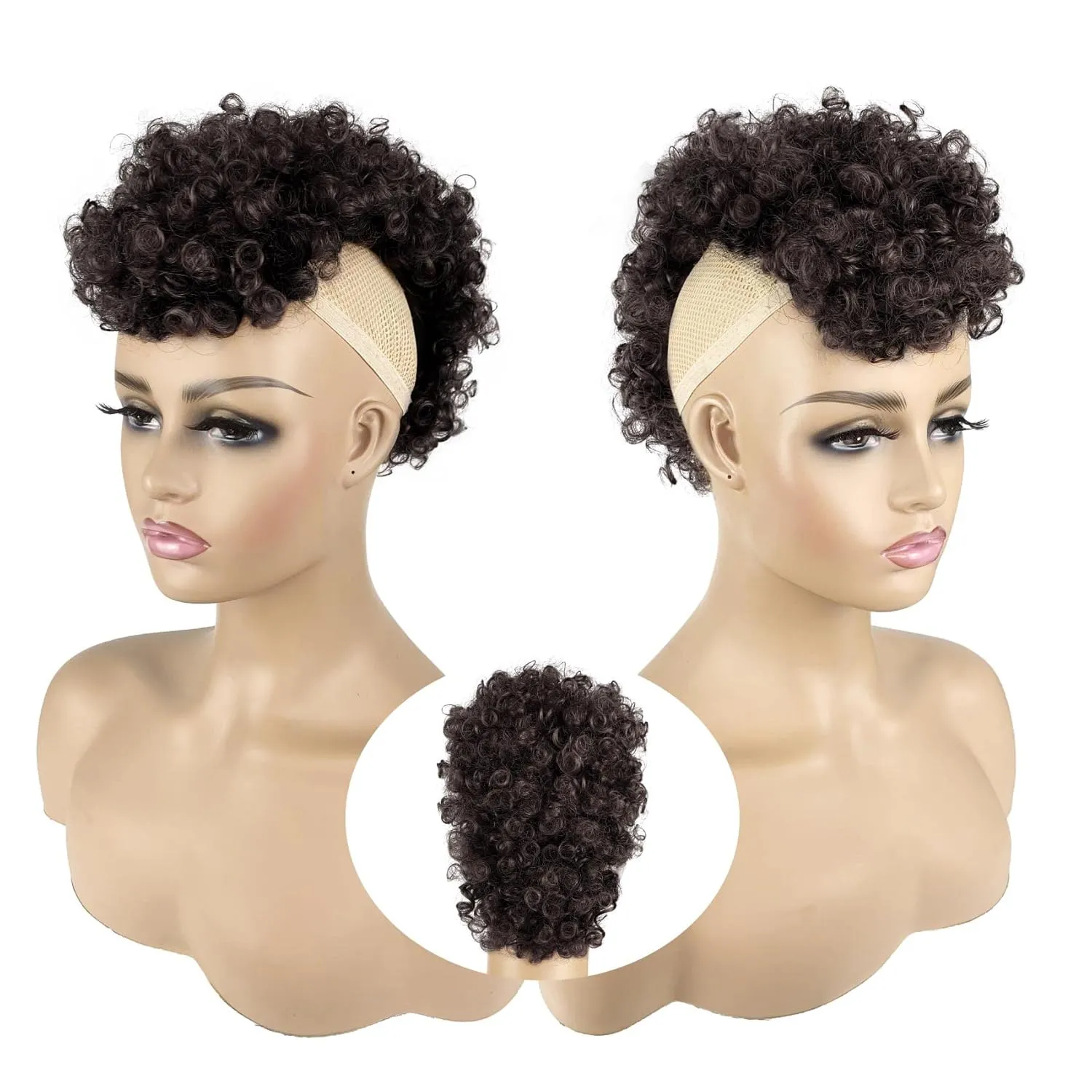 Afro Puff Mohawk Ponytail Jerry Curls Afro Puff Non Drawstring Ponytail with bangs Synthetic Fauxhawks Short Afro Puff Kinky Curly Hairpieces 6 BB Clips in (2#, Natural Black)