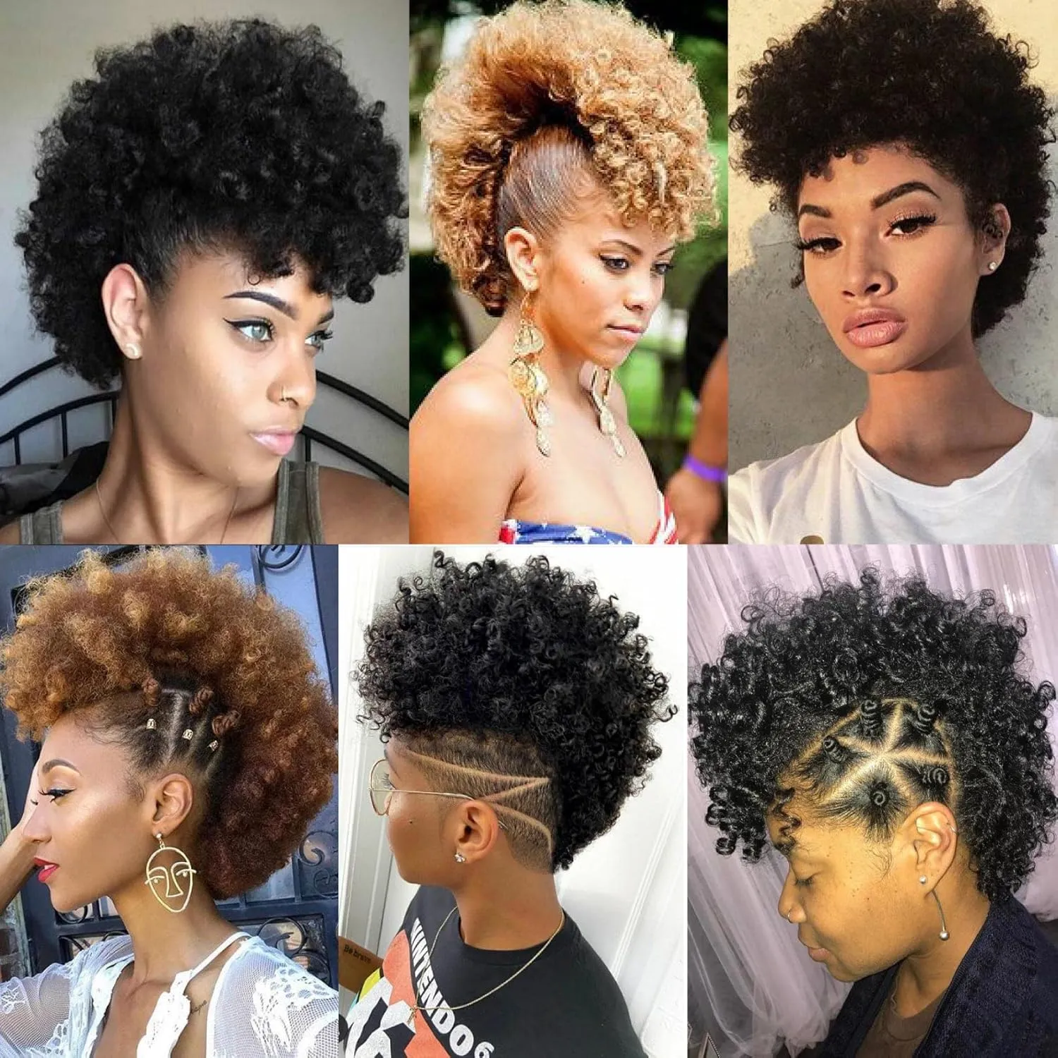 Afro Puff Mohawk Ponytail Jerry Curls Afro Puff Non Drawstring Ponytail with bangs Synthetic Fauxhawks Short Afro Puff Kinky Curly Hairpieces 6 BB Clips in (2#, Natural Black)
