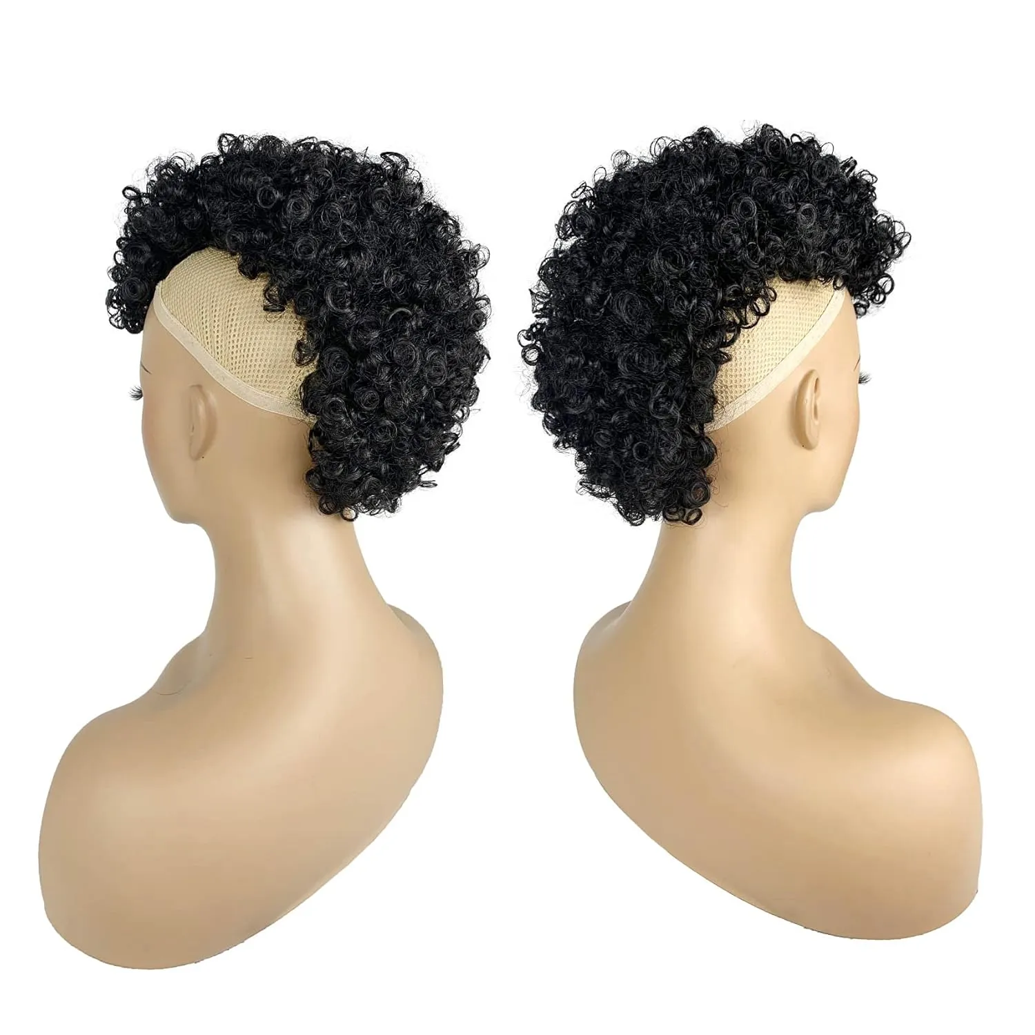 Afro Puff Mohawk Ponytail Jerry Curly Non Drawstring Ponytail Clip in Synthetic Fauxhawks Afro Puff Bun with Bangs Short Afro Kinky Curly Hair Bun Warp Hair Extensions with 6 BB Clips 1B