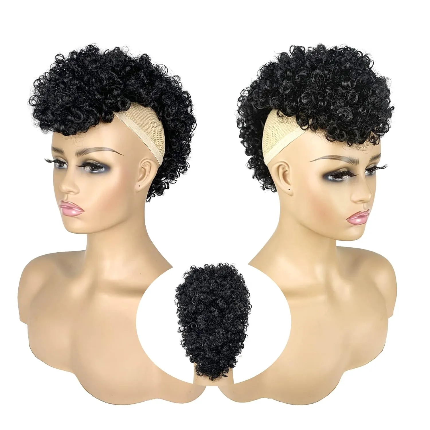 Afro Puff Mohawk Ponytail Jerry Curly Non Drawstring Ponytail Clip in Synthetic Fauxhawks Afro Puff Bun with Bangs Short Afro Kinky Curly Hair Bun Warp Hair Extensions with 6 BB Clips 1B