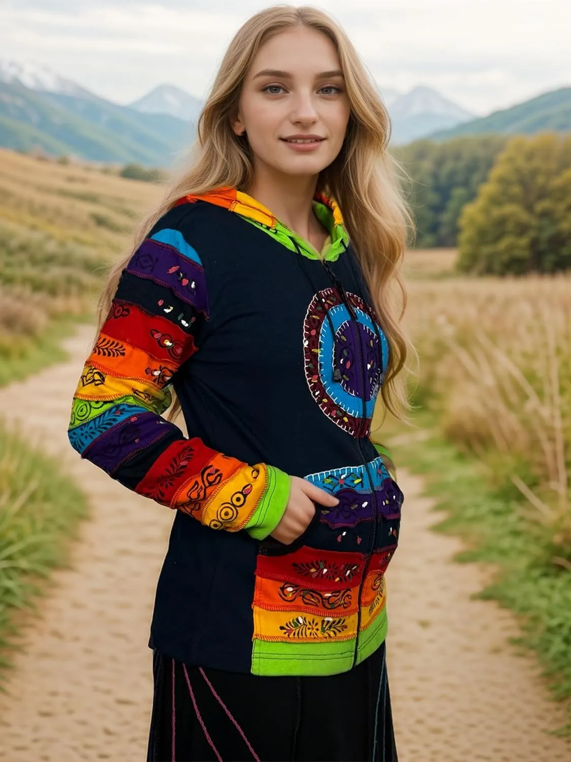 Agan Traders 2025 Summer Women's Zip-Up Hoodie Sweatshirt - Auspicious Symbols Multi-Colored Patched Light Jackets for Women