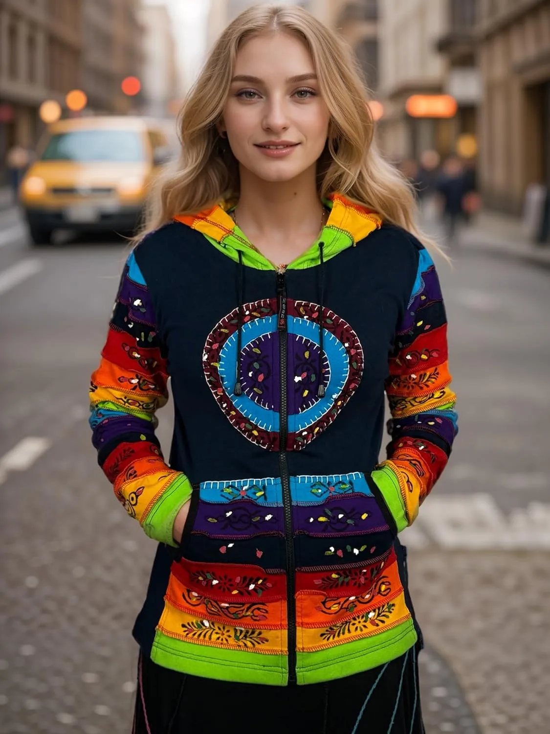 Agan Traders 2025 Summer Women's Zip-Up Hoodie Sweatshirt - Auspicious Symbols Multi-Colored Patched Light Jackets for Women
