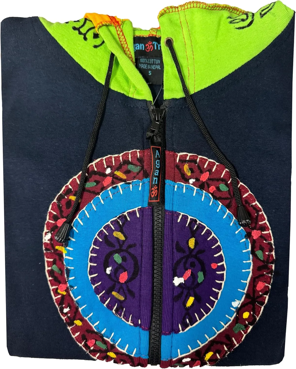 Agan Traders 2025 Summer Women's Zip-Up Hoodie Sweatshirt - Auspicious Symbols Multi-Colored Patched Light Jackets for Women