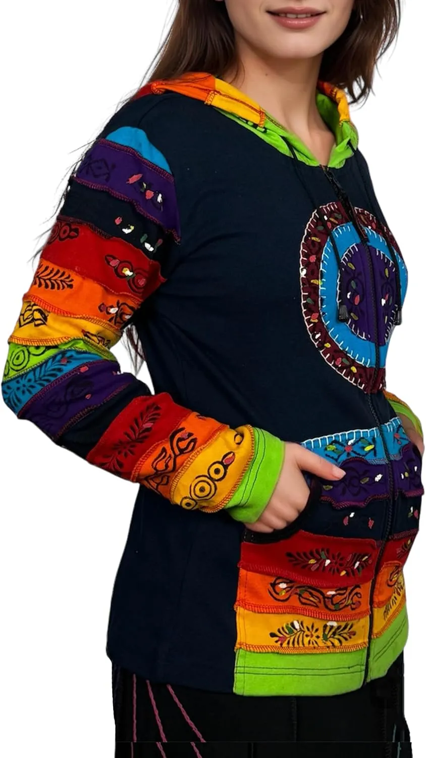 Agan Traders 2025 Summer Women's Zip-Up Hoodie Sweatshirt - Auspicious Symbols Multi-Colored Patched Light Jackets for Women