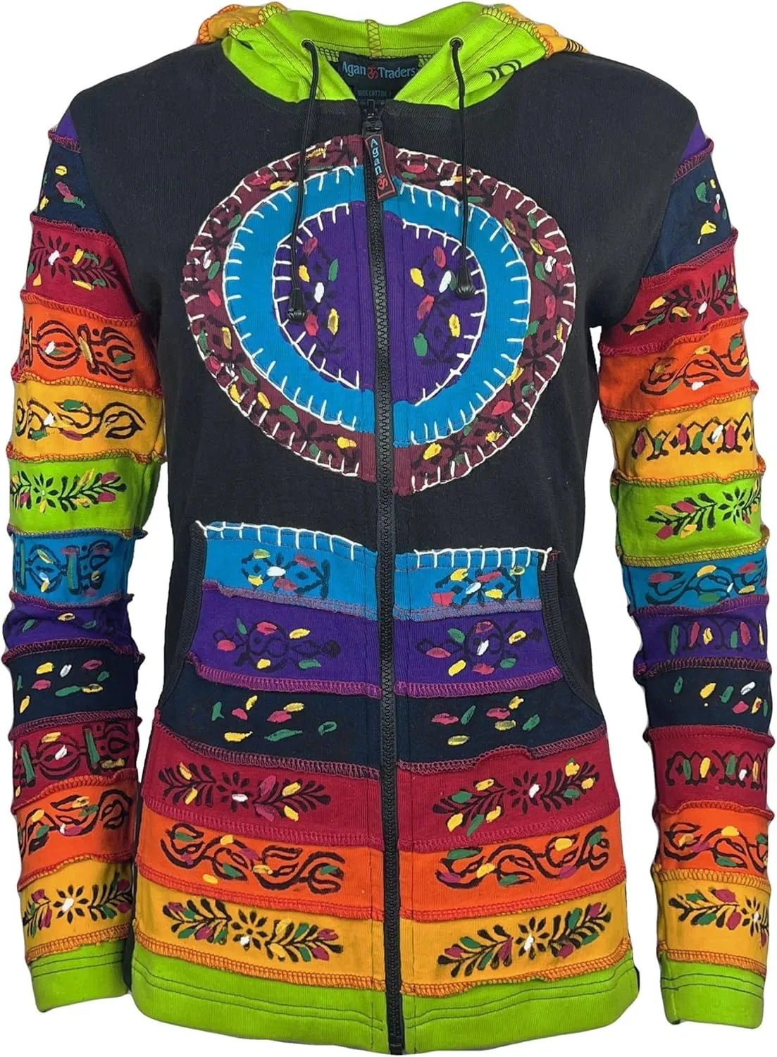 Agan Traders 2025 Summer Women's Zip-Up Hoodie Sweatshirt - Auspicious Symbols Multi-Colored Patched Light Jackets for Women