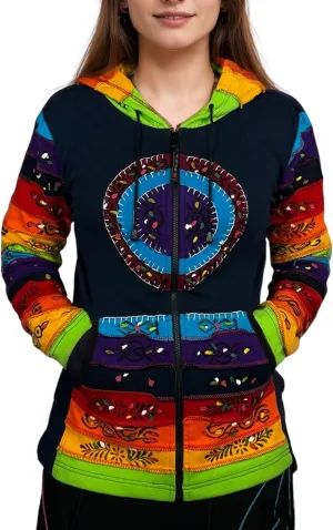 Agan Traders 2025 Summer Women's Zip-Up Hoodie Sweatshirt - Auspicious Symbols Multi-Colored Patched Light Jackets for Women